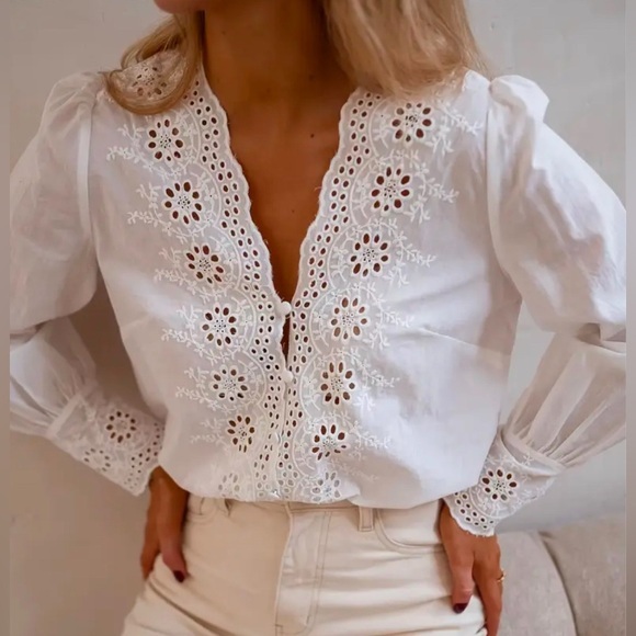 Tops - Embroidered Hollowed Out Eyelett Neckline Button Up Blouse with Balloon Sleeves